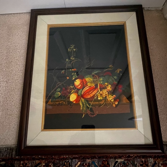 Vintage Framed Embroidery Still Life Wall Art.